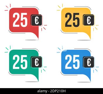 25 euro price. Yellow, red, blue and green currency tags. Balloon concept with twenty-five euros for sales. Stock Vector