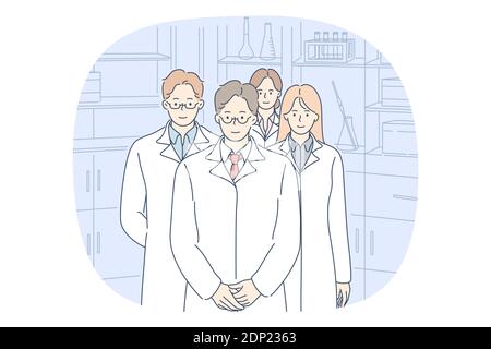 Doctor, medicine, healthcare concept. Group of young smiling people doctors in white uniform cartoon character standing together in team in medical cl Stock Vector
