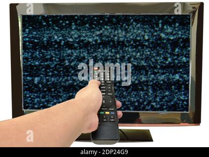 hand press television remote control for searching signal glitch on television screen in white background Stock Photo