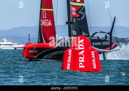 Emirates Team New Zealand foil across the finish line to win their match against Luna Rossa Prada Pirelli Team during the Prada America's Cup World Series Auckland Race Day One, on december 17 2020, Auckland, New Zealand. Photo: Chris Cameron / DPPI / LM Stock Photo