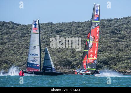 Emirates Team New loses to American Magic by 12 seconds during the Prada America's Cup World Series Auckland Race Day One, on december 17 2020, Auckland, New Zealand. Photo: Chris Cameron / DPPI / LM Stock Photo