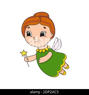 Cute fairy in a green dress. Cute flat vector illustration in childish cartoon style. Funny character. Isolated on white background. Stock Vector