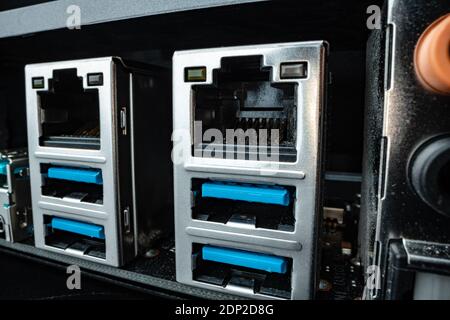 Ports and outputs at computer system unit macro Stock Photo