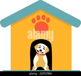 THE DOG NEAR THE BOOTH. DOG HOUSE. CUTE PET ON A WHITE BACKGROUND. LABRADOR.. Stock Vector