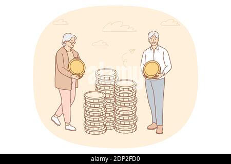 Saving money, finance, budget concept. Elderly couple pensioners cartoon characters putting coins in stacks for saving. Collecting money, business, ea Stock Vector