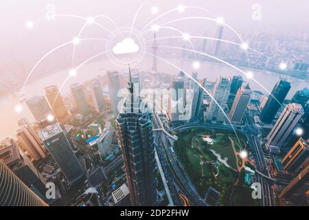Shanghai Smart City Wireless Network and Cloud Comouting Concept.  Shanghai Smart City Wireless Network and Cloud Comouting Concept. Stock Photo