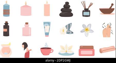 Set of flat vector illustrations of spa service. Items for spa treatments. Wellness center package of procedures and equipment. Hot stone massage, foo Stock Vector