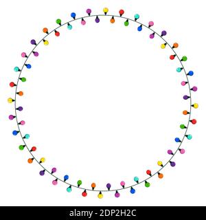 Christmas lights string circle frame. Round wreath illustration with copy space. Ring shape garland festive border isolated on white background. Vecto Stock Vector