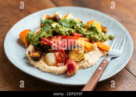 Roasted Vegetables on Butter Bean Hummus with Zhoug