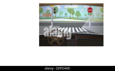 Car interior with empty road, driver point of view Stock Vector