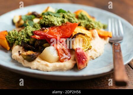 Roasted Vegetables on Butter Bean Hummus with Zhoug
