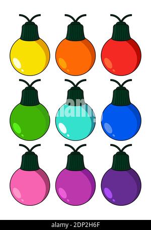 Christmas light bulb illustration set isolated on white background. Vector holiday symbol. Cartoon icons collection. Multi colored decorative element Stock Vector