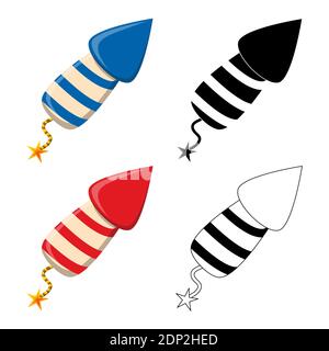 Firework rocket petard icon set. New year celebration symbol collection. Red, blue, outline and silhouette design element. Great for banner or party i Stock Vector