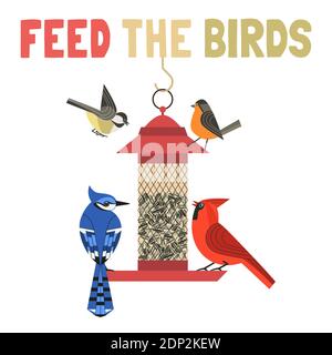Bird-Feeding flat color vector poster Stock Vector