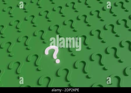 Illuminated question mark along with many other green question marks. 3d illustration. Stock Photo