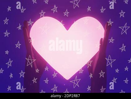 Hold a luminous bright big heart in hands. Giving a heart, love. Heart symbol in hands. 3d render Stock Photo