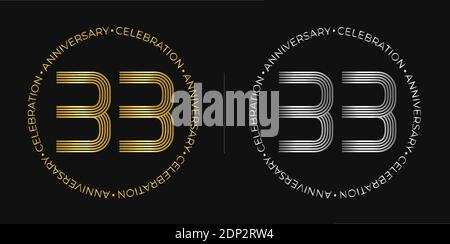 33th birthday. Thirty-three years anniversary celebration banner in golden and silver colors. Circular logo with original numbers design. Stock Vector