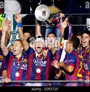 Barcelona players lift the UEFA Champions League Trophy on the Balcony after winning the UEFA Champions League Final at Olympiastadion in Berlin, Germany, June 6, 2015. Photo by Giuliano Bevilacqua/ABACAPRESS.COM Stock Photo