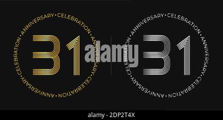 31th birthday. Thirty-one years anniversary celebration banner in golden and silver colors. Circular logo with original numbers design. Stock Vector