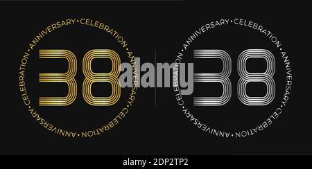 38th birthday. Thirty-eight years anniversary celebration banner in golden and silver colors. Circular logo with original numbers design. Stock Vector