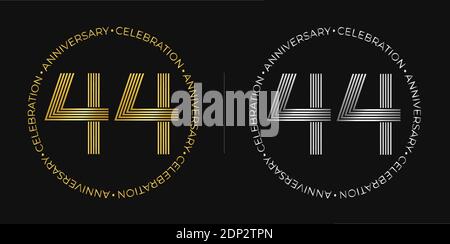 44th birthday. Forty-four years anniversary celebration banner in golden and silver colors. Circular logo with original numbers design. Stock Vector