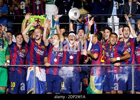 Barcelona players lift the UEFA Champions League Trophy on the Balcony after winning the UEFA Champions League Final at Olympiastadion in Berlin, Germany, June 6, 2015. Photo by Giuliano Bevilacqua/ABACAPRESS.COM Stock Photo