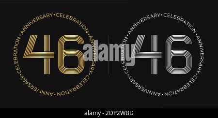 46th birthday. Forty-six years anniversary celebration banner in golden and silver colors. Circular logo with original numbers design. Stock Vector