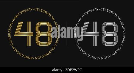 48th birthday. Forty-eight years anniversary celebration banner in golden and silver colors. Circular logo with original numbers design. Stock Vector