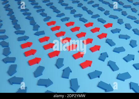 Small red arrows pointing in the same direction form one big arrow next to many blue arrows pointing in different directions. 3d illustration Stock Photo