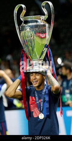 Neymar JR of FC Barcelona with the cup - UEFA Champions League Final at Olympiastadion in Berlin, Germany, June 6, 2015. Barcelona defeated Juventus 3-1 and won its fifth title. Photo by Giuliano Bevilacqua/ABACAPRESS.COM Stock Photo