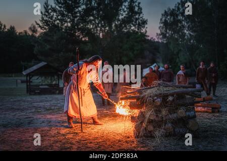 Cedynia, Poland, June 2019 Pagan reenactment of Kupala Night, called in Poland Noc Kupaly, Slavic holiday celebrated on the shortest night of the year Stock Photo