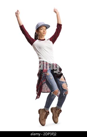 Young female dancing street style and raising hands isolated on white background Stock Photo