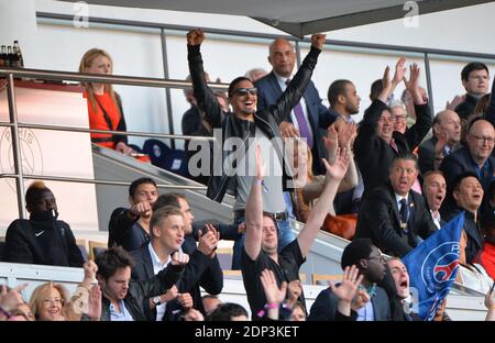 PSG players Jean-Christophe Bahebeck, Thiago Silva and Zlatan Ibrahimovic support their team playing against Lille during French First League soccer match, at Parc des Princes stadium in Paris, France on April 25, 2015. Photo by Christian Liewig/ABACAPRESS.COM Stock Photo