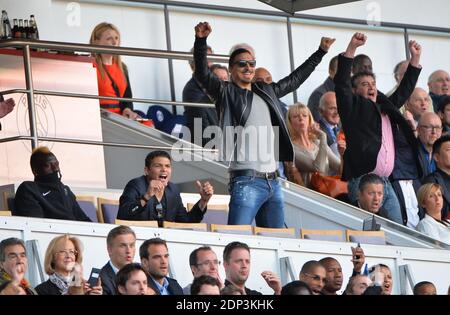 PSG players Jean-Christophe Bahebeck, Thiago Silva and Zlatan Ibrahimovic support their team playing against Lille during French First League soccer match, at Parc des Princes stadium in Paris, France on April 25, 2015. Photo by Christian Liewig/ABACAPRESS.COM Stock Photo