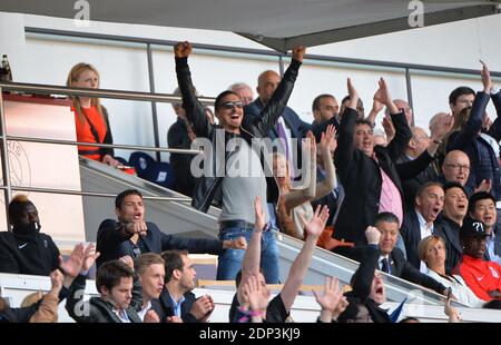 PSG players Jean-Christophe Bahebeck, Thiago Silva and Zlatan Ibrahimovic support their team playing against Lille during French First League soccer match, at Parc des Princes stadium in Paris, France on April 25, 2015. Photo by Christian Liewig/ABACAPRESS.COM Stock Photo