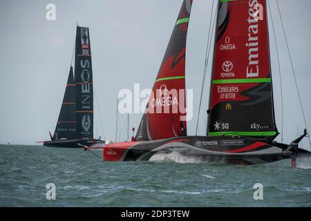 Emirates Team New Zealand maintains their lead over INEOS Team UK in race six of the regatta even after falling off their foils. PRADA America's Cup World Series Auckland Race Day Two. 18/12/2020 Stock Photo