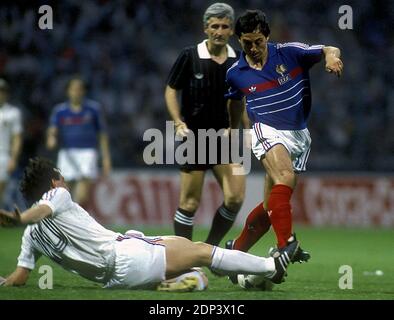 France's Alain Giresse during the Group A First Round of the UEFA EURO 1984 Soccer match, France vs Yougoslavia at Stade Geoffroy-Guichard in St-Etienne, France on June 19th, 1984. France won 3-2 . Photo by Henri Szwarc/ABACAPRESS.COM Stock Photo