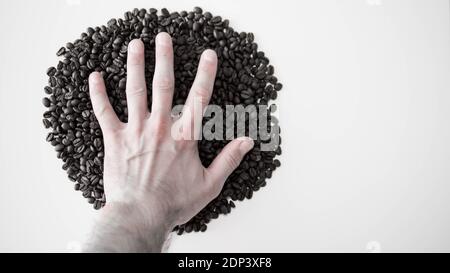 Fragrant roasted coffee beans. Coffee beans,hand on beans,a picture of legumes,a symbol,a beautiful logo of coffee beans,on a white background,top vie Stock Photo