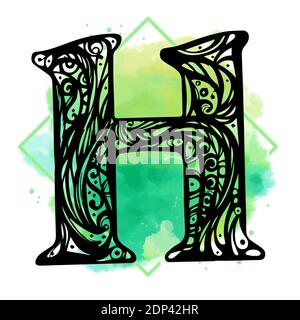 Vector illustration of uppercase letter H with decorations. Antique Letter with baroque ornamentation. Elegant black capital letter to use monograms, Stock Vector