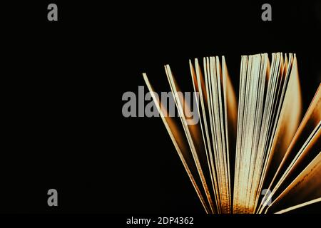 Opened vintage book with shine gold pages on a black background, copy space Stock Photo