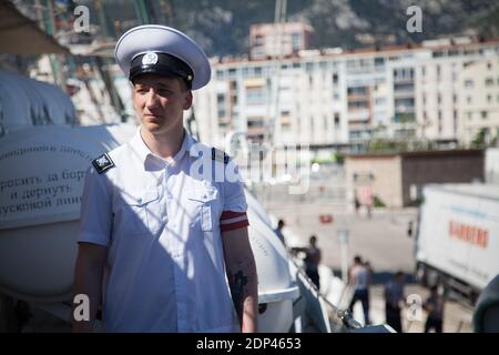 The Russian sailing ship 'Krusenstern' is pictured during a stopover in the port of Toulon, southern France on May 22, 2015. The ship will moor in Toulon between 21 and 23 May 2015 and will be opened to visitors. The Krusenstern or Kruzenshtern is a four-masted barque and tall ship that was built as the Padua (named after the Italian city) in 1926 at Geestemuende in Bremerhaven, Germany. She was surrendered to the USSR in 1946 as war reparation and renamed after the early 19th century Baltic German explorer in Russian service, Adam Johann Krusenstern (1770–1846). She is now a Russian sail trai Stock Photo