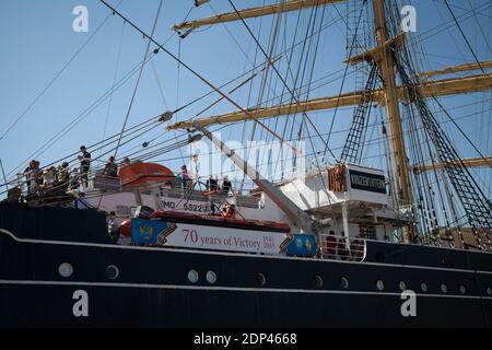 The Russian sailing ship 'Krusenstern' is pictured during a stopover in the port of Toulon, southern France on May 22, 2015. The ship will moor in Toulon between 21 and 23 May 2015 and will be opened to visitors. The Krusenstern or Kruzenshtern is a four-masted barque and tall ship that was built as the Padua (named after the Italian city) in 1926 at Geestemuende in Bremerhaven, Germany. She was surrendered to the USSR in 1946 as war reparation and renamed after the early 19th century Baltic German explorer in Russian service, Adam Johann Krusenstern (1770–1846). She is now a Russian sail trai Stock Photo