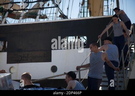 The Russian sailing ship 'Krusenstern' is pictured during a stopover in the port of Toulon, southern France on May 22, 2015. The ship will moor in Toulon between 21 and 23 May 2015 and will be opened to visitors. The Krusenstern or Kruzenshtern is a four-masted barque and tall ship that was built as the Padua (named after the Italian city) in 1926 at Geestemuende in Bremerhaven, Germany. She was surrendered to the USSR in 1946 as war reparation and renamed after the early 19th century Baltic German explorer in Russian service, Adam Johann Krusenstern (1770–1846). She is now a Russian sail trai Stock Photo