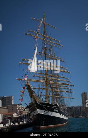 The Russian sailing ship 'Krusenstern' is pictured during a stopover in the port of Toulon, southern France on May 22, 2015. The ship will moor in Toulon between 21 and 23 May 2015 and will be opened to visitors. The Krusenstern or Kruzenshtern is a four-masted barque and tall ship that was built as the Padua (named after the Italian city) in 1926 at Geestemuende in Bremerhaven, Germany. She was surrendered to the USSR in 1946 as war reparation and renamed after the early 19th century Baltic German explorer in Russian service, Adam Johann Krusenstern (1770–1846). She is now a Russian sail trai Stock Photo