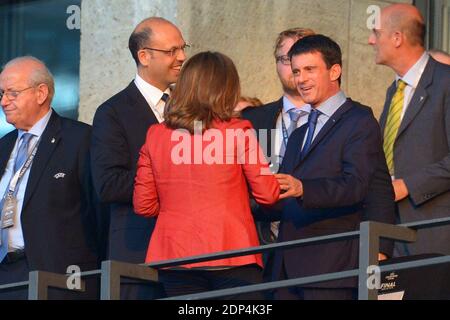 French Prime Minister Manuel Valls and Spanish Vice Prime Minister Soraya Saenz de Santamaria are seen watching the UEFA Champions League Final football match between Juventus and FC Barcelona at the Olympic Stadium in Berlin, Germany, on June 6, 2015. Photo by Henri Szwarc/ABACAPRESS.COM Stock Photo