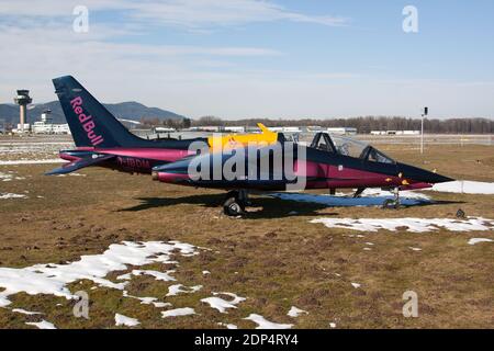 The Flying Bulls Dassault-Breguet-Dornier Alpha Jet E demilitarized by Red Bull and used for exhibitions, airshows, and static expositions. Stock Photo