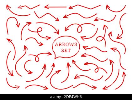 Arrows bright red infographic line set. Comics different directions pointer collection. Various curved, arched artistic uneven arrow shapes cursor. Vector signpost design elements Stock Vector