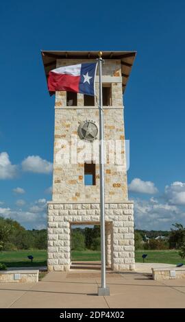 Texas, Gillespie County, Fredericksburg, Texas Rangers Heritage Center, Campanile Bell Tower, Texas flag Stock Photo