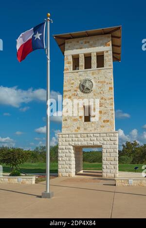 Texas, Gillespie County, Fredericksburg, Texas Rangers Heritage Center, Campanile Bell Tower, Texas flag Stock Photo