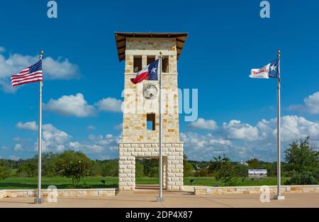 Texas, Gillespie County, Fredericksburg, Texas Rangers Heritage Center, Campanile Bell Tower, flags Stock Photo